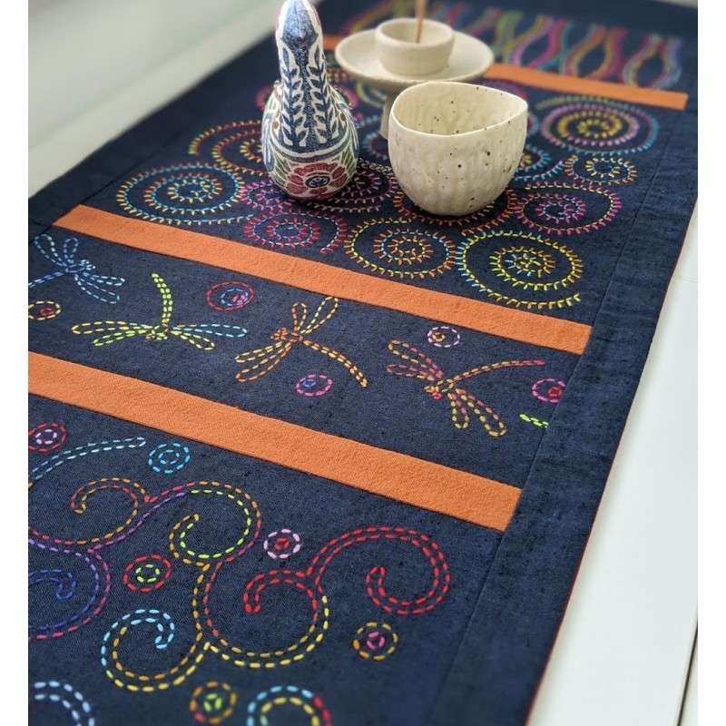 Kit Sashiko _ Chemin de Table Elements Marine - Fil multicolore