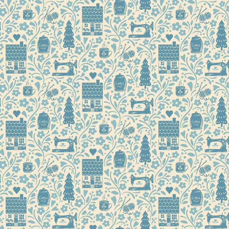 Tissu Patchwork Cosy House "Vignette Chambray", Coupon