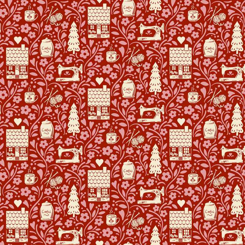 Tissu Patchwork Cosy House "Vignette Garnet", Coupon