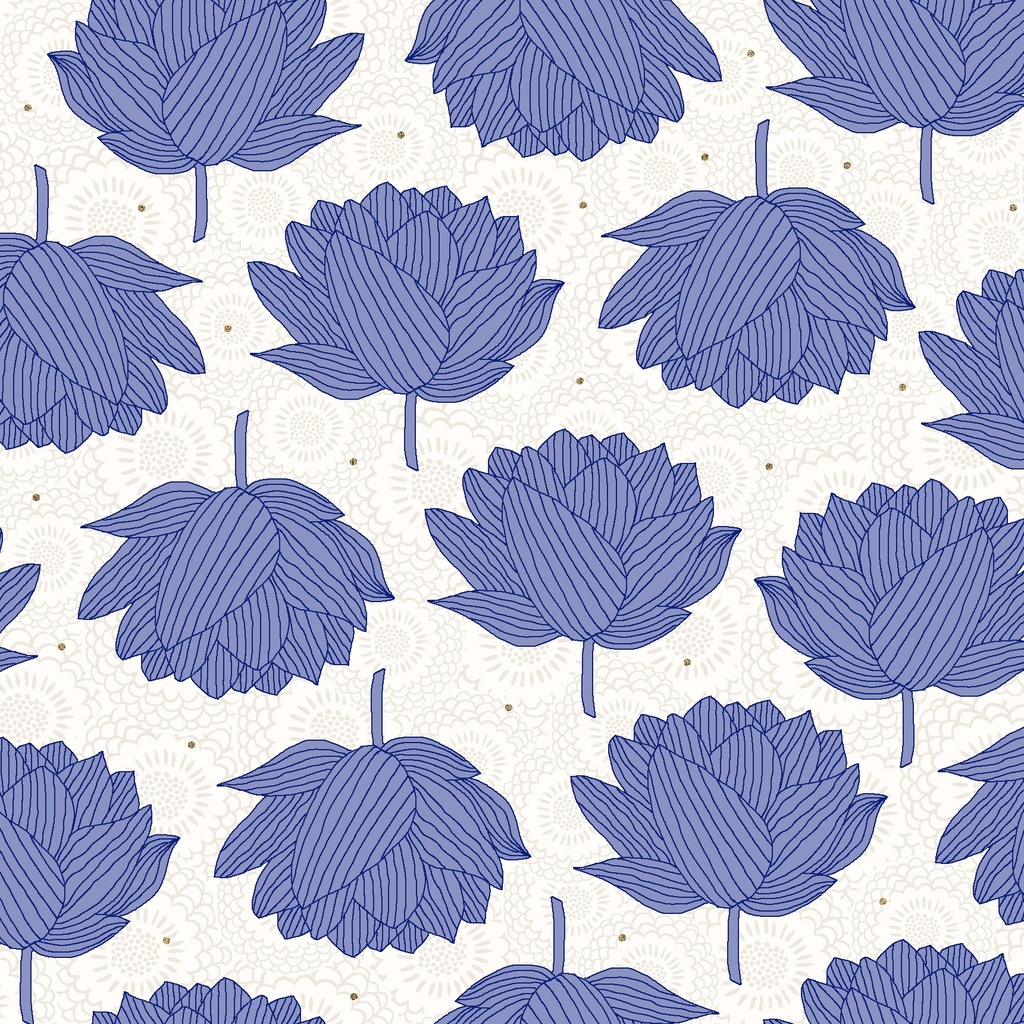 Tissu Patchwork Japan Hello Fleur de Lotus Bleue, Coupon