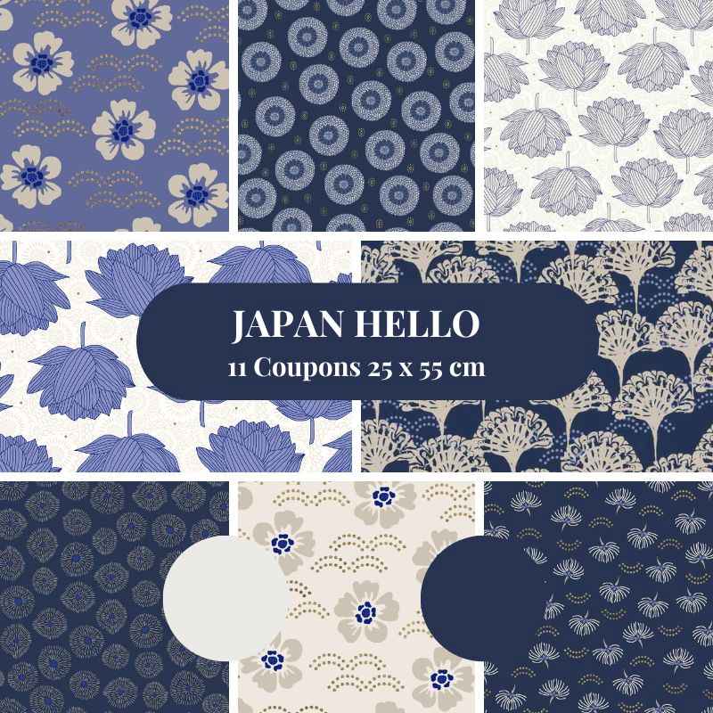 Tissu Patchwork Collection Japan Hello, 11 Coupons 25x55cm