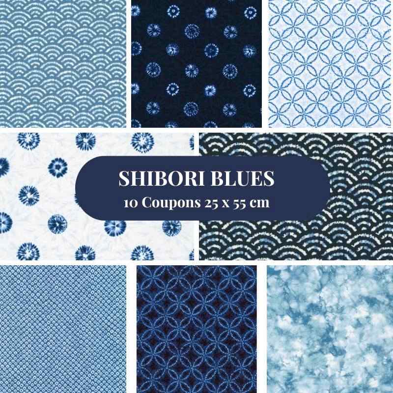 Tissu Patchwork Collection Shibori Blues, 10 Coupons 25x55cm