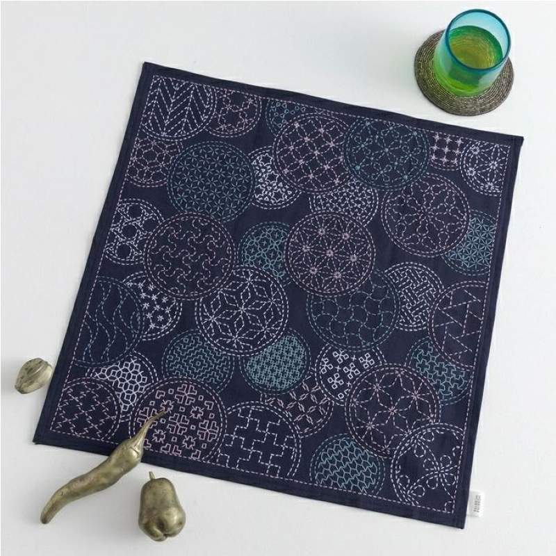 Panneau Sashiko Panneau Motifs Traditionnels Circulaires Bleus