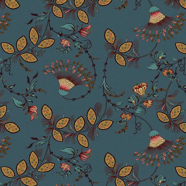 Tissu Patchwork Lille Fan Floral Bleu Canard