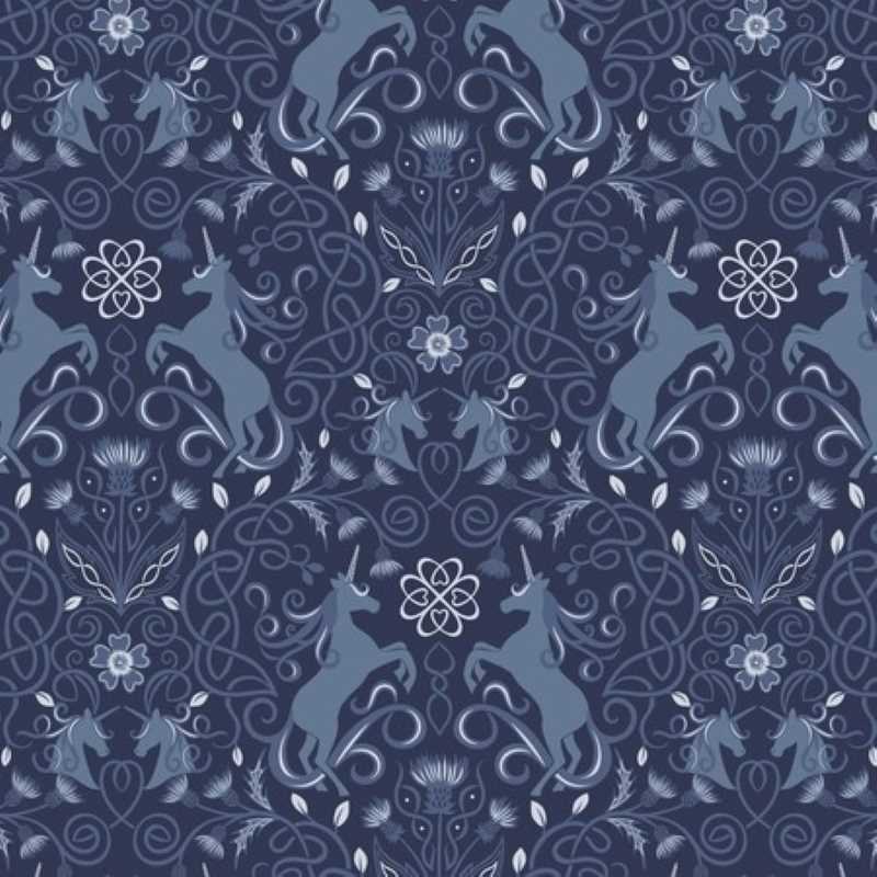 Tissu Patchwork Celtic Faeries - Unicorn on dark blue